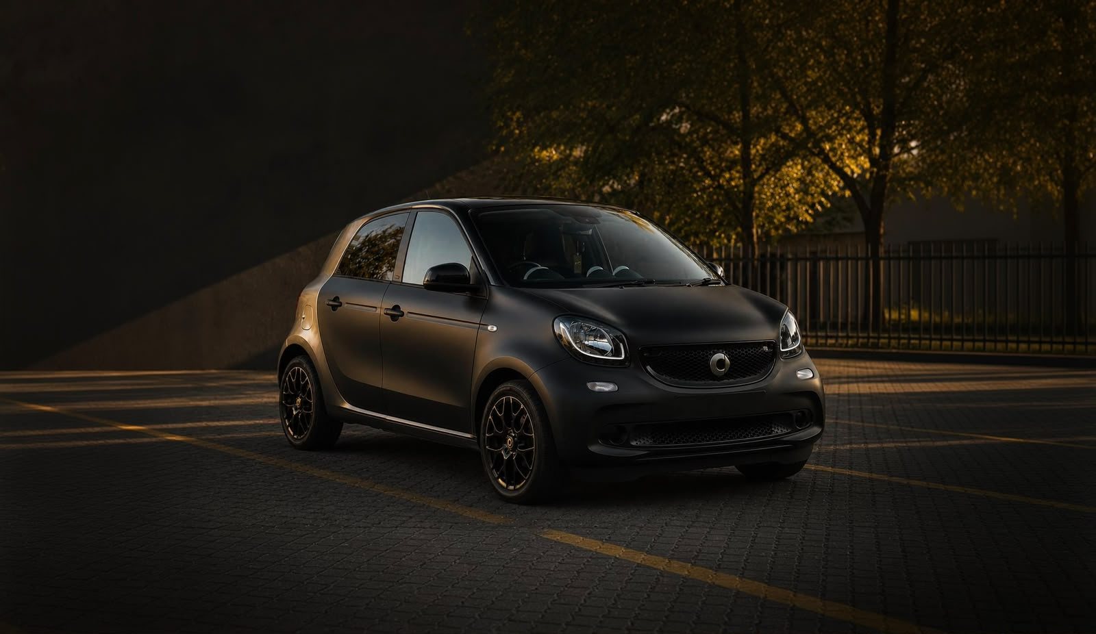 A matte black Smart ForFour photographed at golden hour